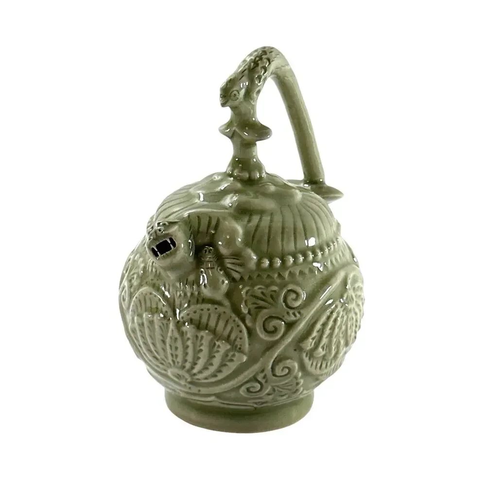 Vintage Chinese Celadon Bottom Filling Teapot Foo Dog Lotus Puzzle Pot 4”